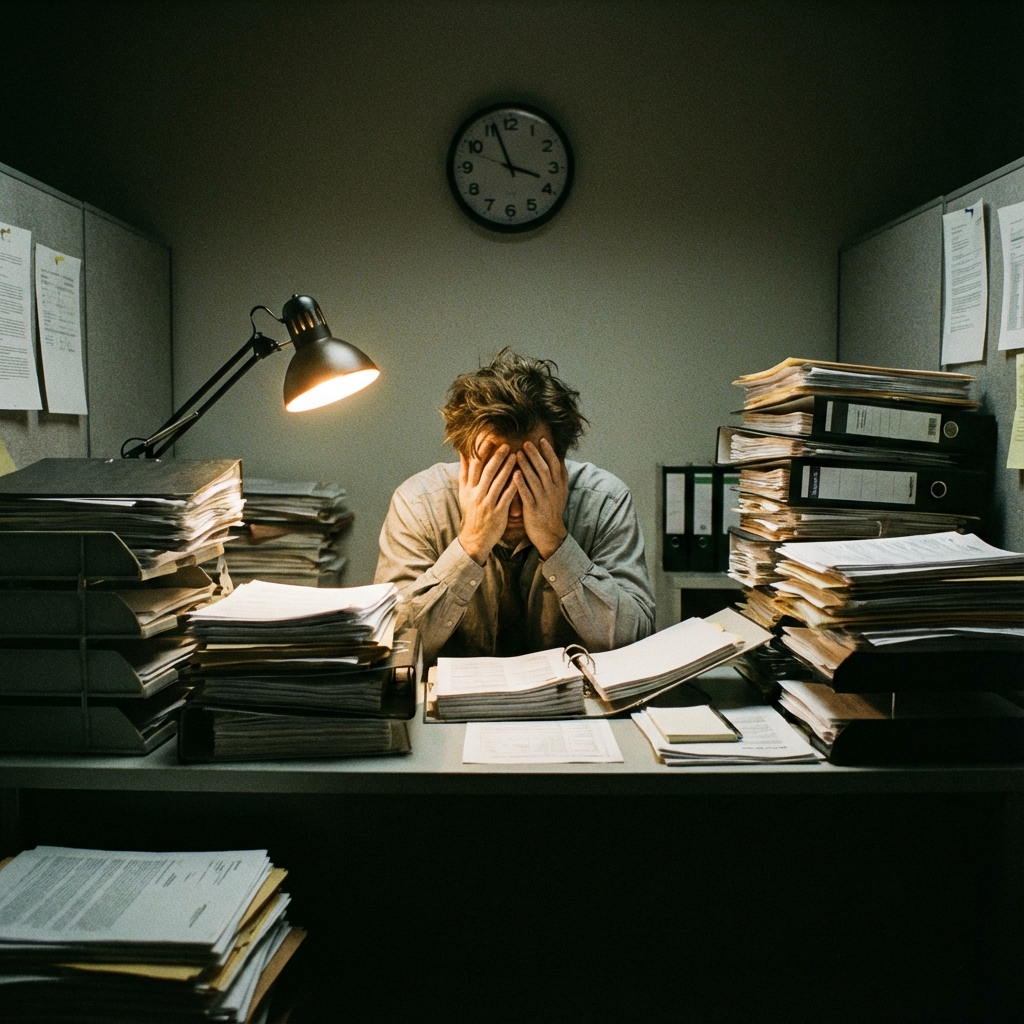 Stressed office worker with paperwork
