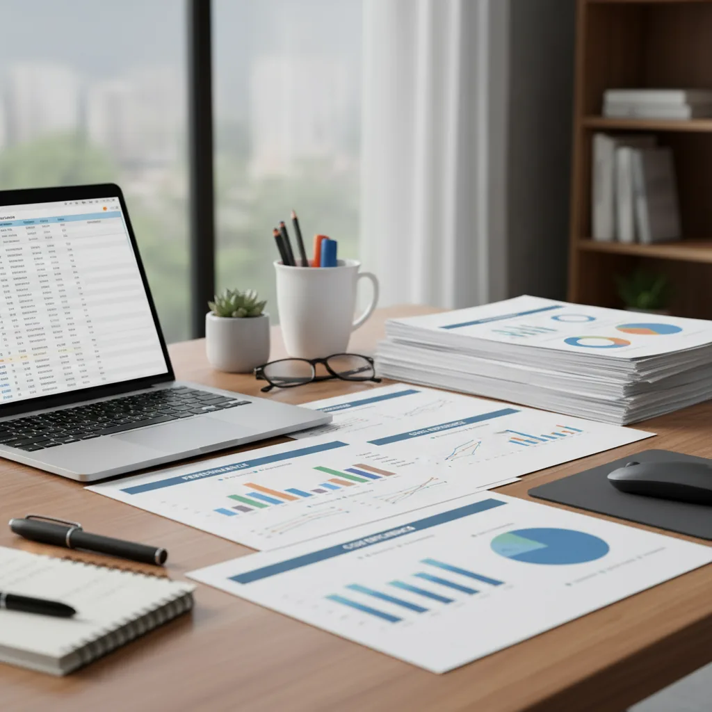 Product specification documents and comparison charts on a desk