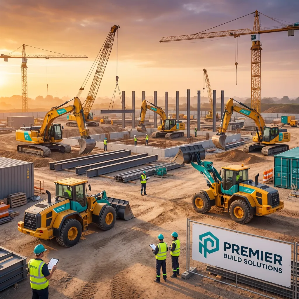 Construction equipment fleet including excavators and loaders