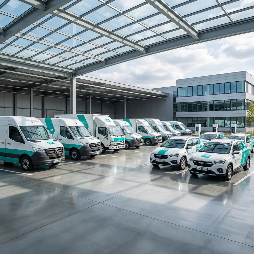 Fleet vehicles lined up including delivery vans and service trucks