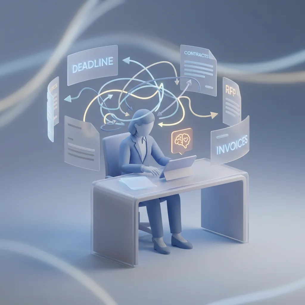 Stressed procurement professional reviewing stacks of vendor documents